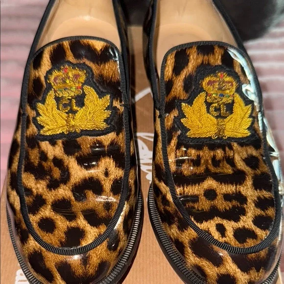 CHRISTIAN LOUBOUTIN Laperouza Brown Gold Leopard Print Patent Leather Loafer 37